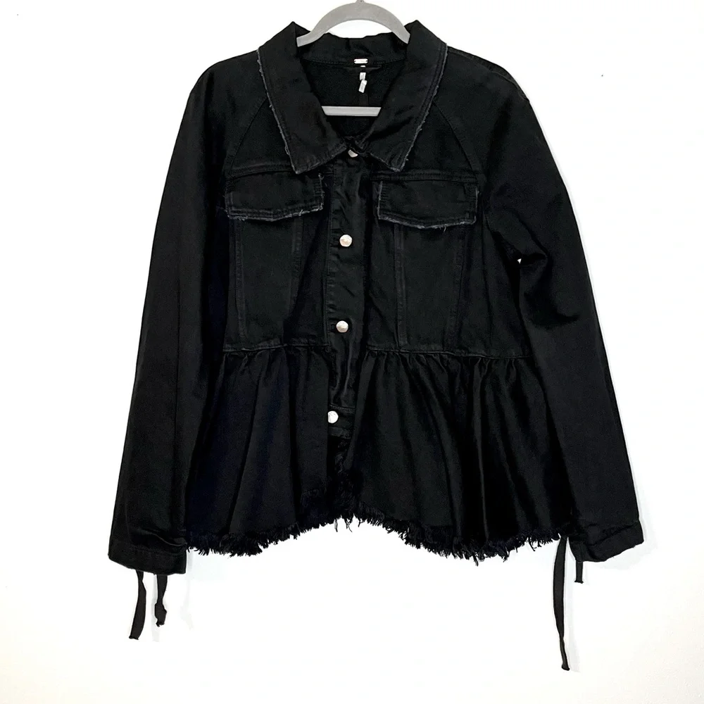 Free People Black Raw-Edge Denim Jacket with Side Tie Details NWT - Picture 15 of 16